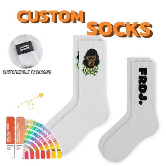 Breathable Custom Cartoon Letter White Casual Sock Soft Cotton Yoga Basketball Socks Unisex Crew Socks 